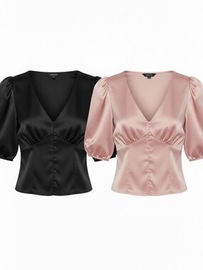 Express~2 blouses~in Black and Blush with Stylish Puff Sleeve, button front